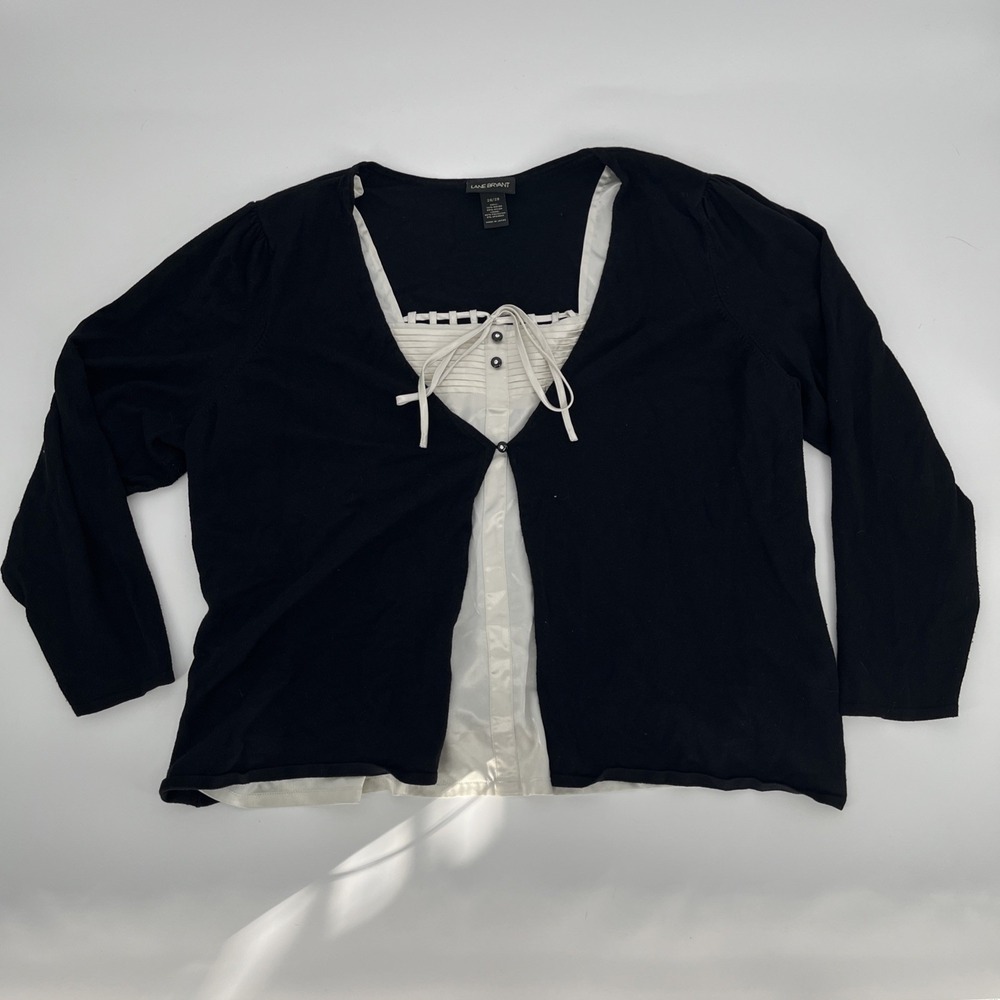 VTG Lane Bryant‎ Black Knit Cardigan White Satin Tank Insert Rhinestone Sz 26/28